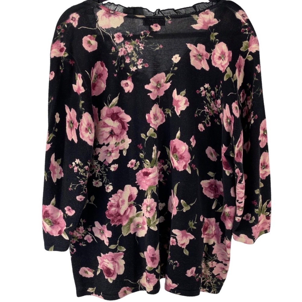 Chaps Womens 3X Black Pink Floral V-Neck Sweater Mesh Ruffle Trim 3/4 Sleeve - Picture 4 of 12